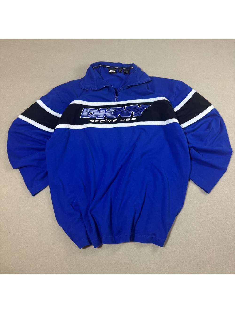 Vintage Y2K DKNY Active USA Quarter Zip Long Sleeve Shirt Mens XL Blue Black
